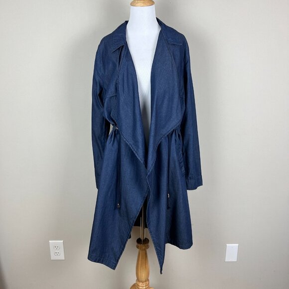 1 Sunset Lane Jacket Womens Large Blue Chambray Duster Draped Open Front Cinched - Picture 16 of 16